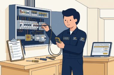 Flat vector editorial illustration of a certified electrician inspecting a commercial distribution board in the UK