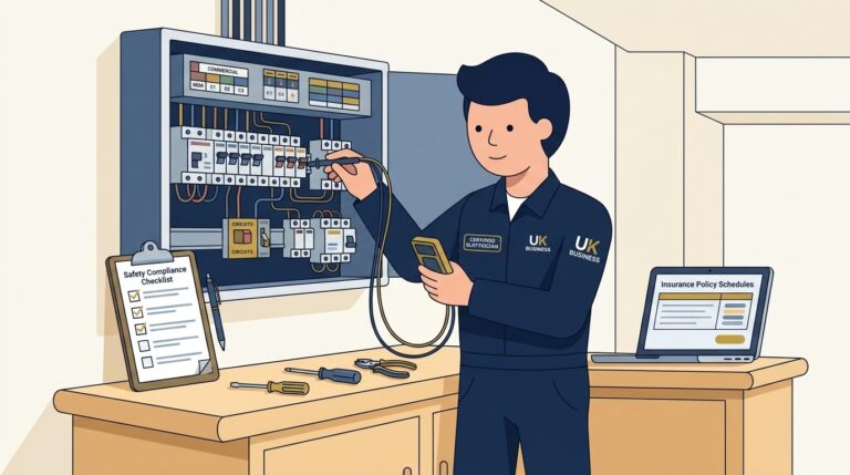 Flat vector editorial illustration of a certified electrician inspecting a commercial distribution board in the UK