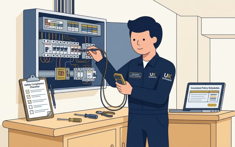 Flat vector editorial illustration of a certified electrician inspecting a commercial distribution board in the UK
