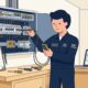 Flat vector editorial illustration of a certified electrician inspecting a commercial distribution board in the UK