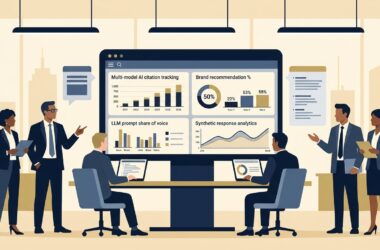 Generative engine optimization tools guide showing digital marketing executives analyzing AI search visibility and citation tracking software