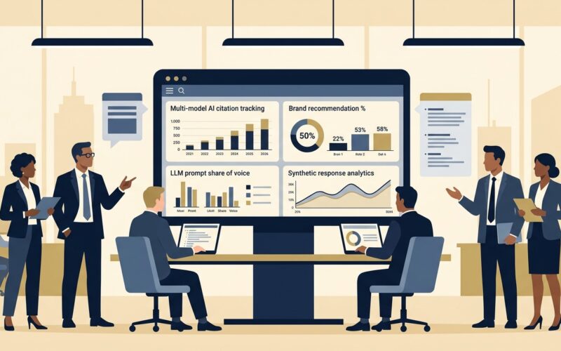Generative engine optimization tools guide showing digital marketing executives analyzing AI search visibility and citation tracking software