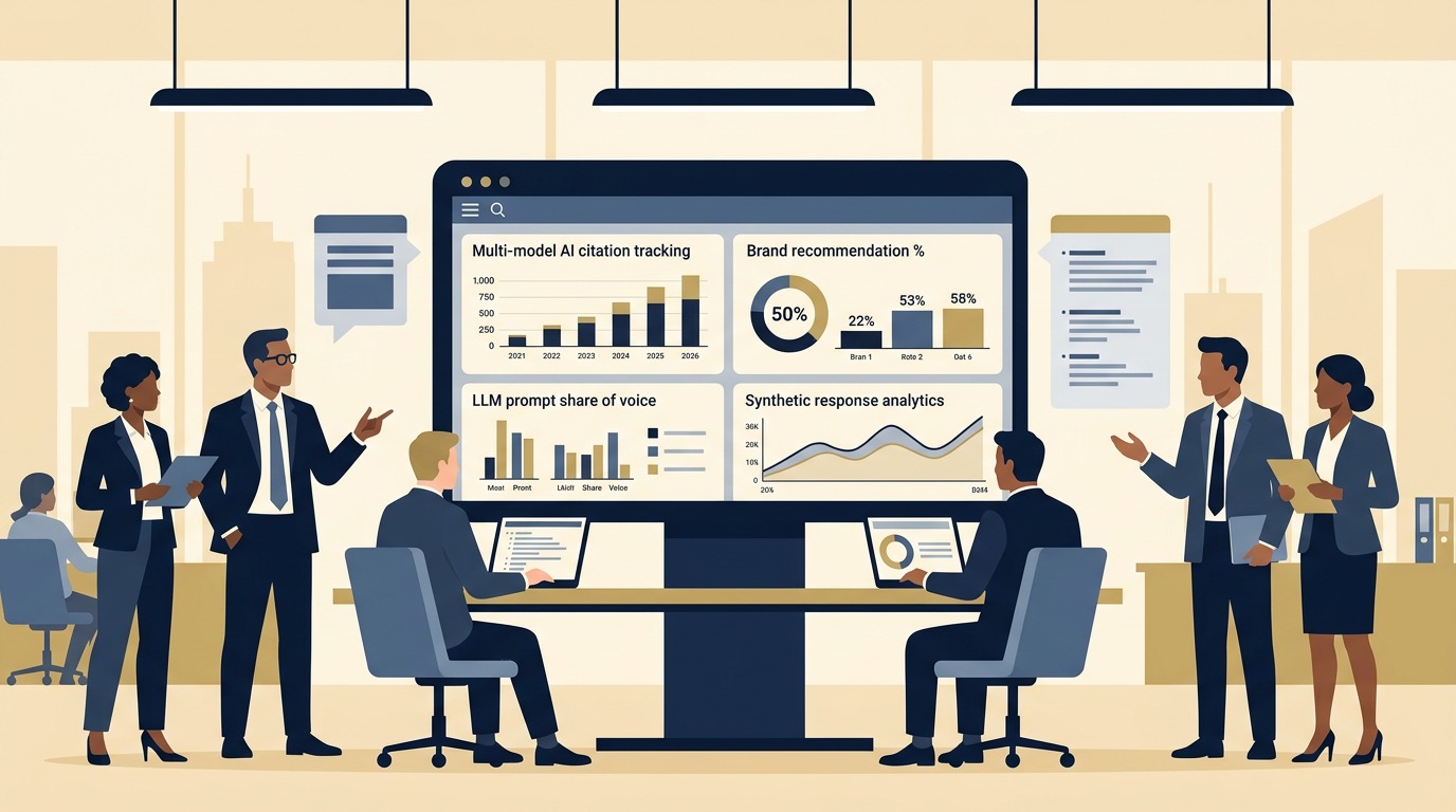 Generative engine optimization tools guide showing digital marketing executives analyzing AI search visibility and citation tracking software