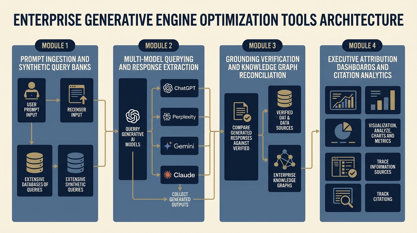 Enterprise architecture diagram of generative engine optimization tools showing prompt sampling engines, citation trackers, and knowledge graph tools