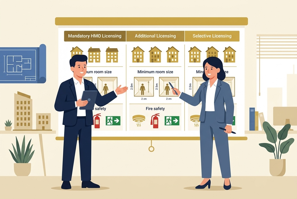 Flat vector illustration of a property investor and consultant reviewing UK HMO licensing schemes: Mandatory, Additional, and Selective Licensing standards
