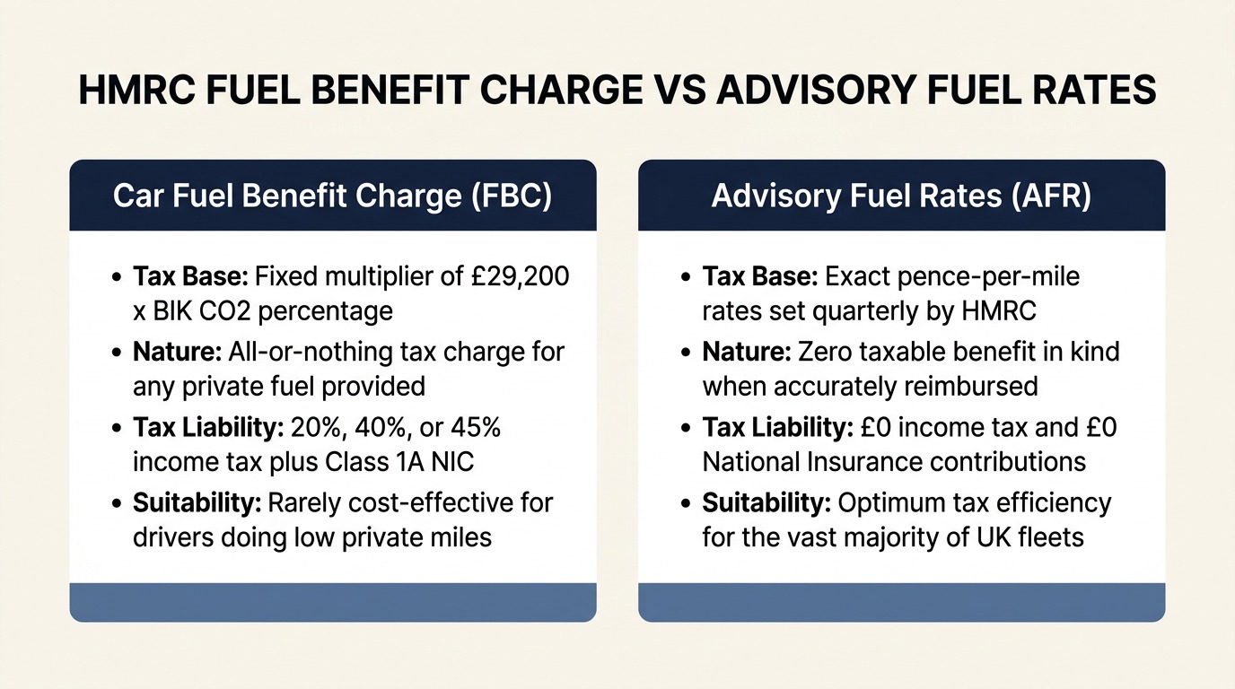 Comparison matrix showing differences between the HMRC car fuel benefit charge and advisory fuel rate reimbursement under UK tax rules