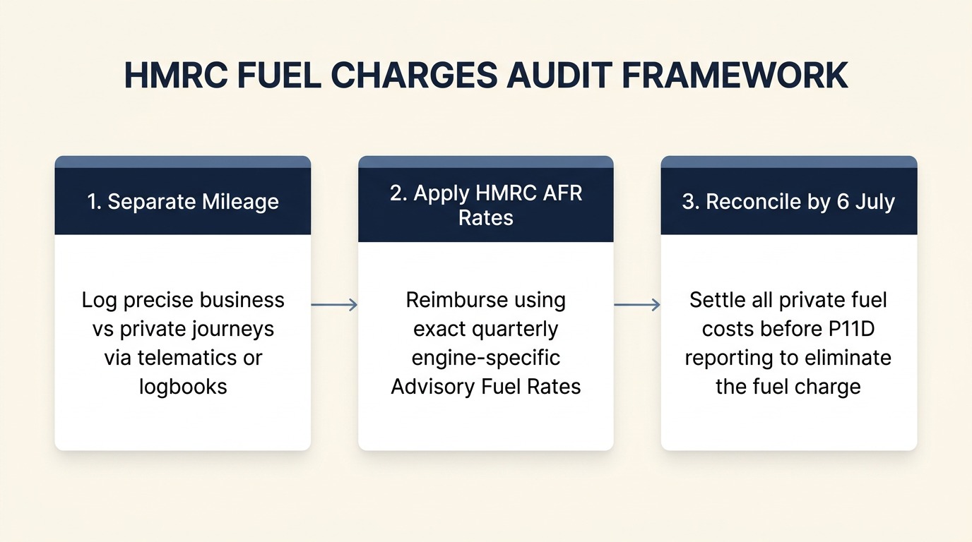 Process diagram showing the 3 steps of managing HMRC fuel charges for UK company cars from mileage logging to quarterly rate adjustments