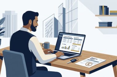HMRC fuel charges 2026 guide illustration showing a UK business manager reviewing company car fleet fuel rates and tax tables in London office