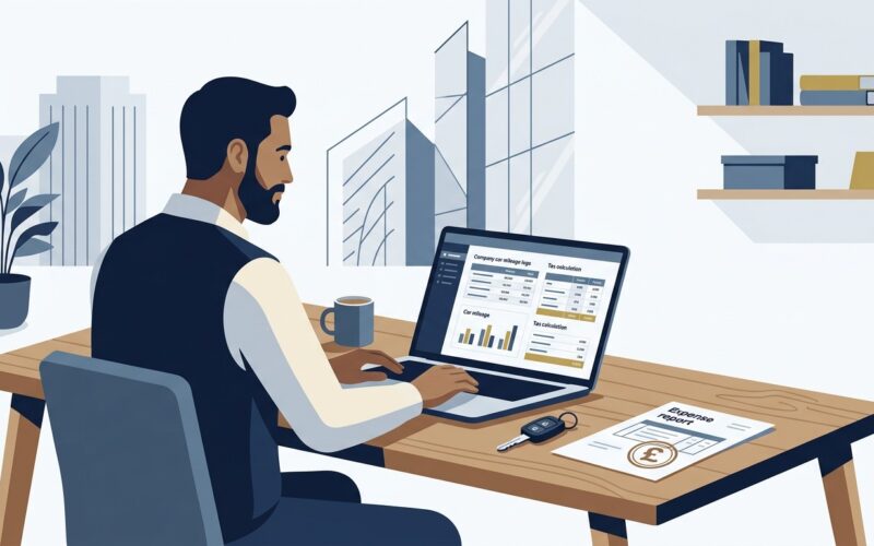 HMRC fuel charges 2026 guide illustration showing a UK business manager reviewing company car fleet fuel rates and tax tables in London office