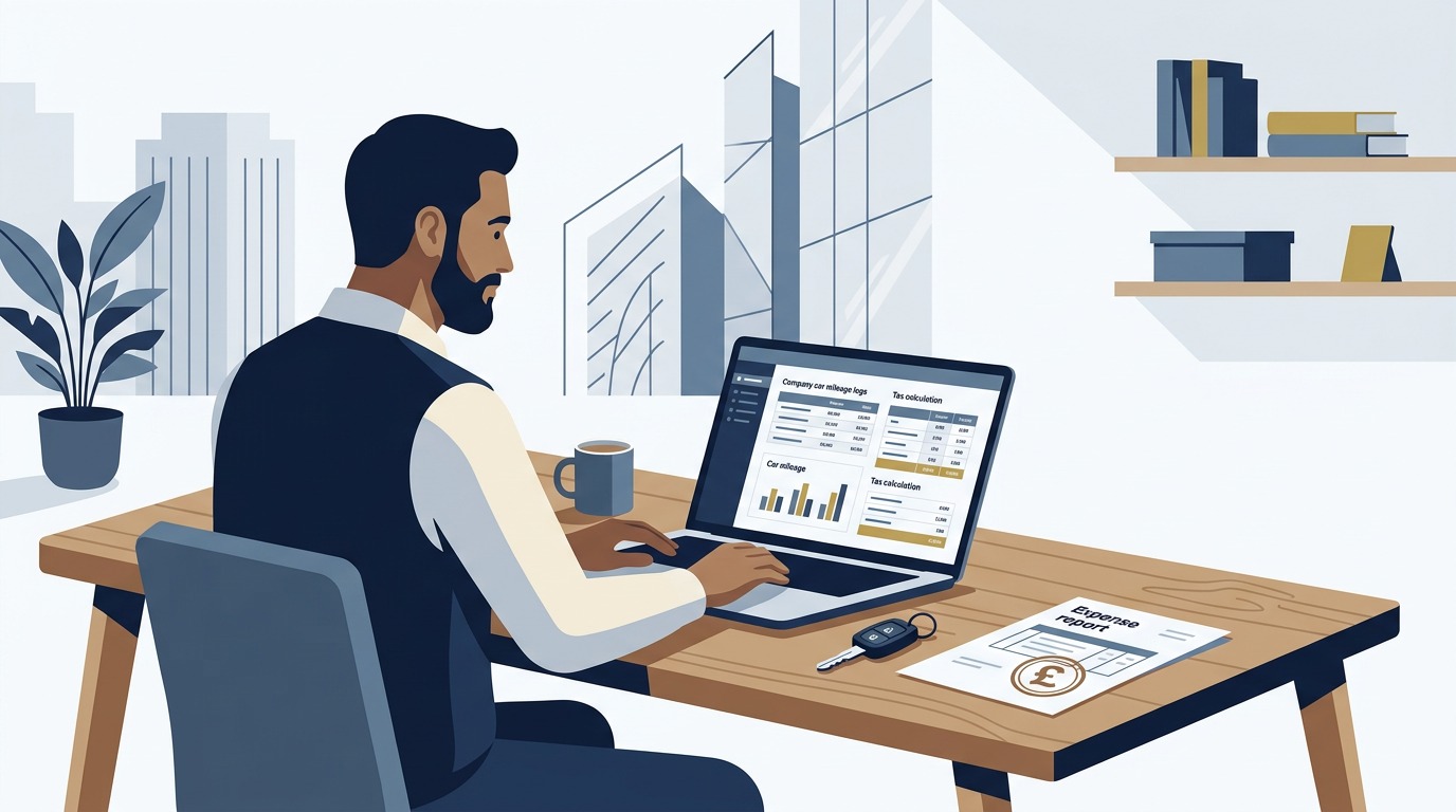 HMRC fuel charges 2026 guide illustration showing a UK business manager reviewing company car fleet fuel rates and tax tables in London office
