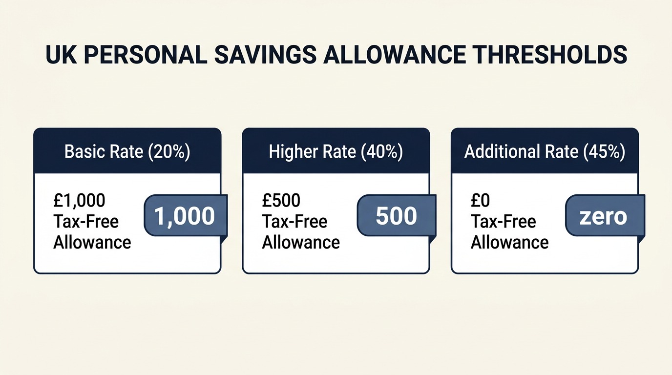 Infographic showing UK personal savings allowance thresholds across basic rate 1000 pounds, higher rate 500 pounds, and additional rate 0 pounds