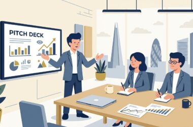 Flat vector editorial illustration of a UK startup founder presenting a pitch deck to angel investors in a London boardroom