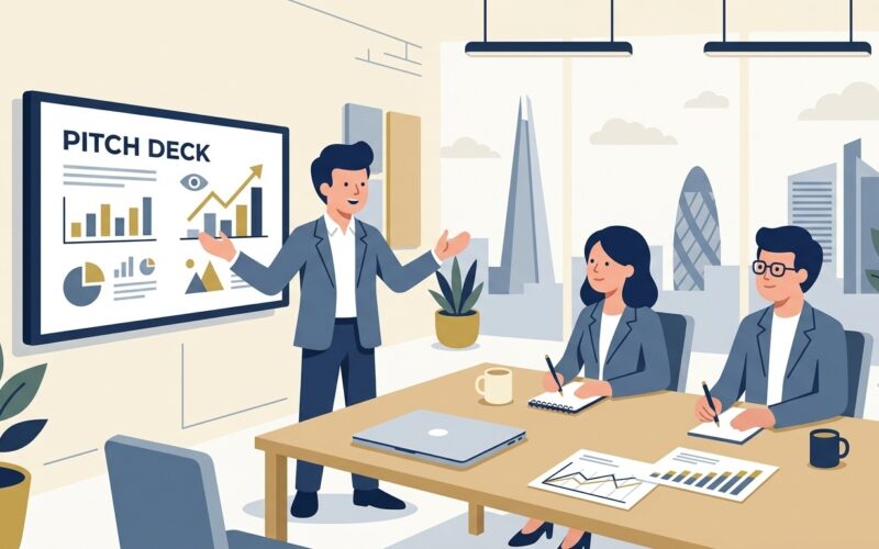 Flat vector editorial illustration of a UK startup founder presenting a pitch deck to angel investors in a London boardroom