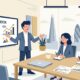 Flat vector editorial illustration of a UK startup founder presenting a pitch deck to angel investors in a London boardroom