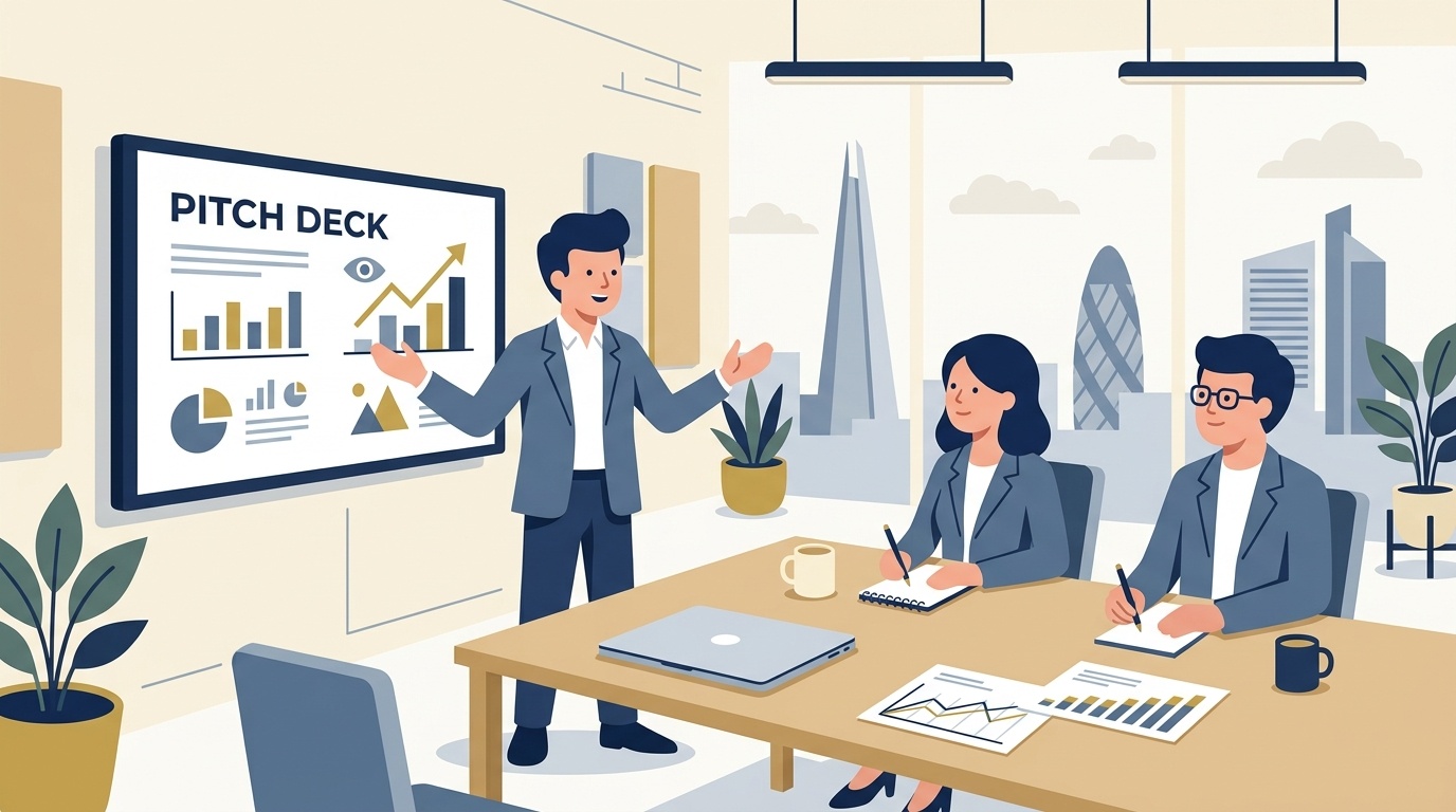 Flat vector editorial illustration of a UK startup founder presenting a pitch deck to angel investors in a London boardroom