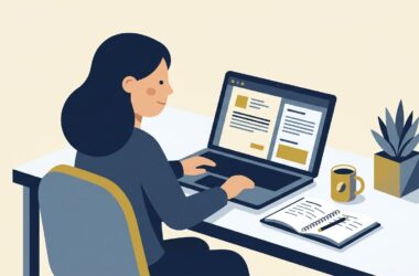 Flat vector editorial illustration of a UK freelance professional at a desk working on a laptop with client contract and notes