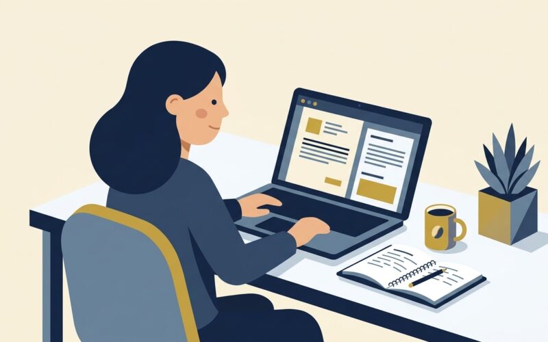 Flat vector editorial illustration of a UK freelance professional at a desk working on a laptop with client contract and notes