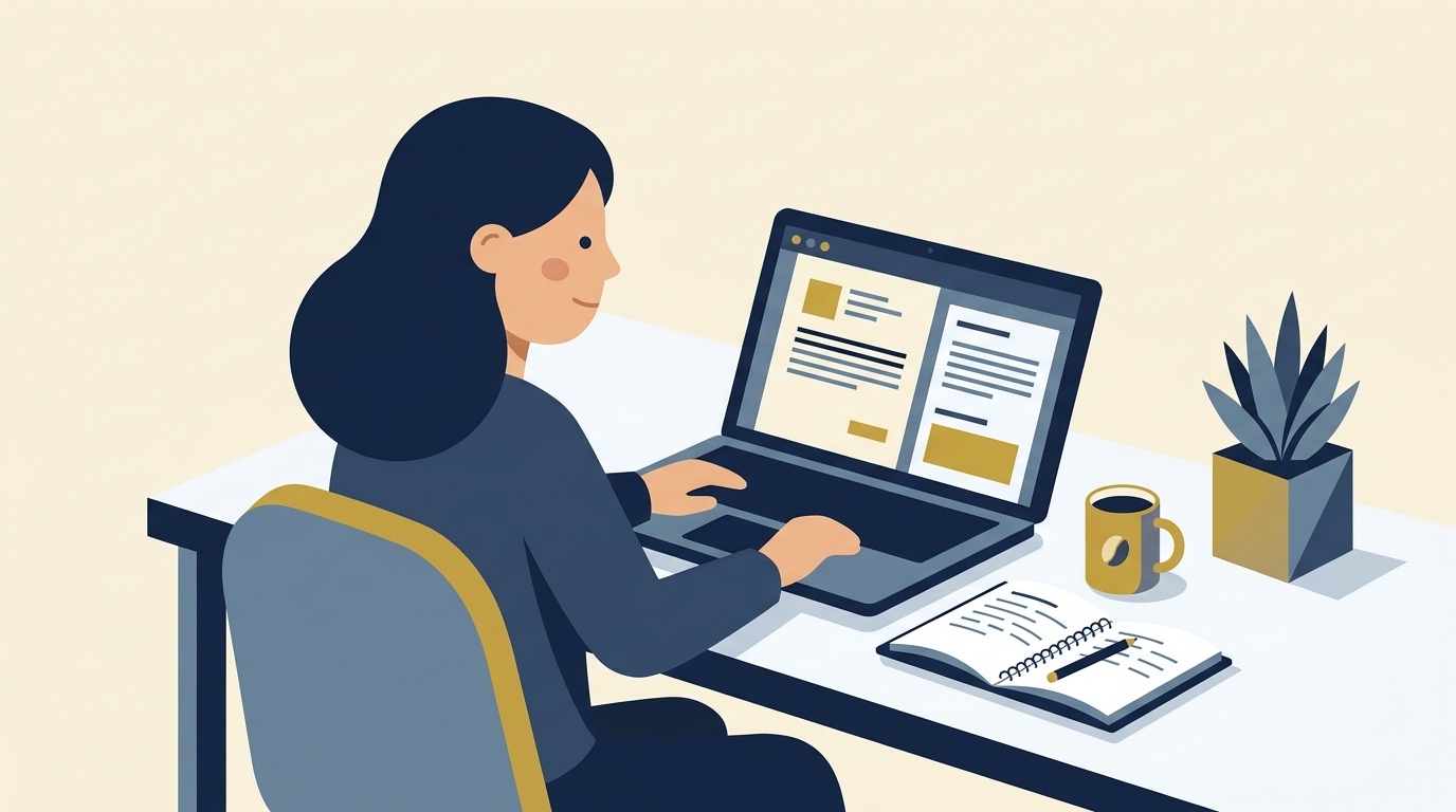 Flat vector editorial illustration of a UK freelance professional at a desk working on a laptop with client contract and notes