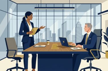 Flat vector editorial illustration of a businesswoman discussing career progression and salary review in an executive office
