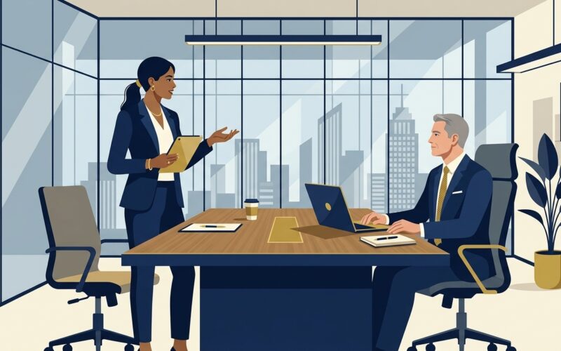 Flat vector editorial illustration of a businesswoman discussing career progression and salary review in an executive office