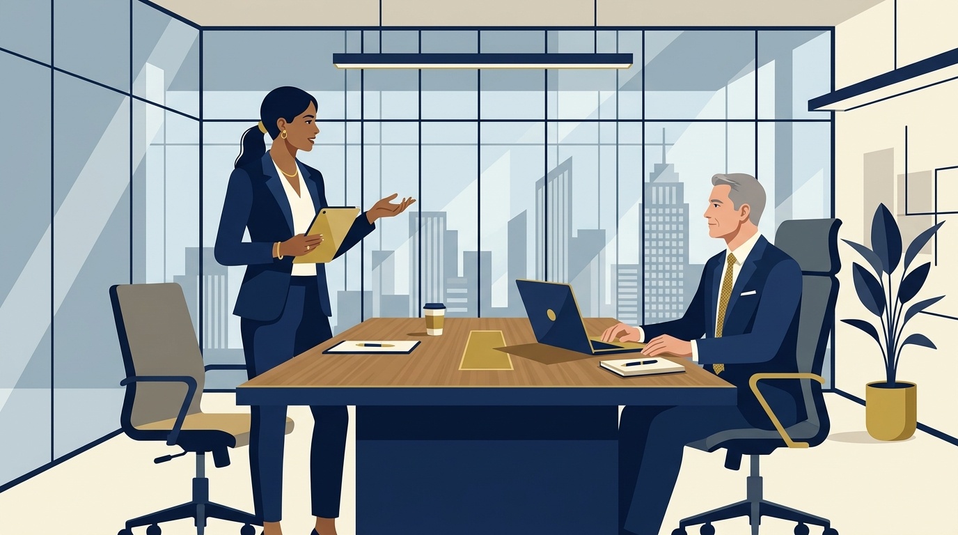 Flat vector editorial illustration of a businesswoman discussing career progression and salary review in an executive office