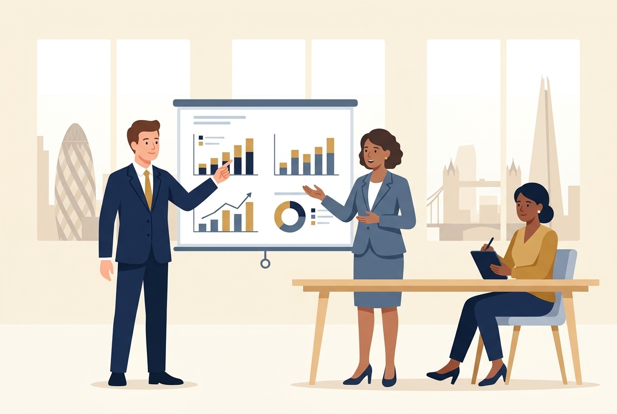 Flat vector illustration of a corporate executive board reviewing UK capital allowances, full expensing, and director pension tax relief charts