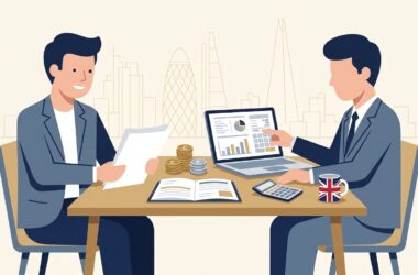 Flat vector editorial illustration of a UK business owner and corporate tax advisor reviewing marginal relief calculation spreadsheets on a laptop in a London office