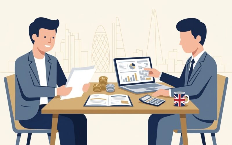 Flat vector editorial illustration of a UK business owner and corporate tax advisor reviewing marginal relief calculation spreadsheets on a laptop in a London office