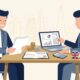 Flat vector editorial illustration of a UK business owner and corporate tax advisor reviewing marginal relief calculation spreadsheets on a laptop in a London office