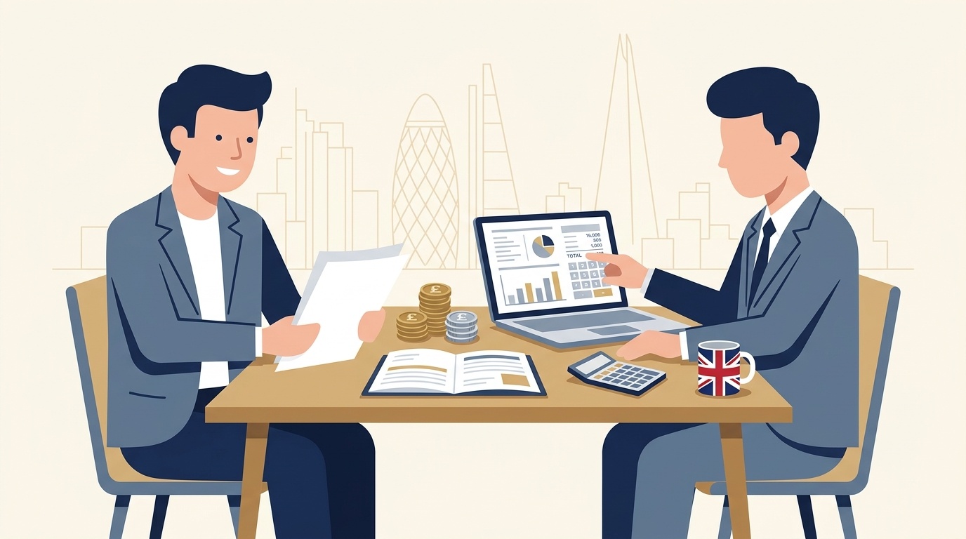 Flat vector editorial illustration of a UK business owner and corporate tax advisor reviewing marginal relief calculation spreadsheets on a laptop in a London office