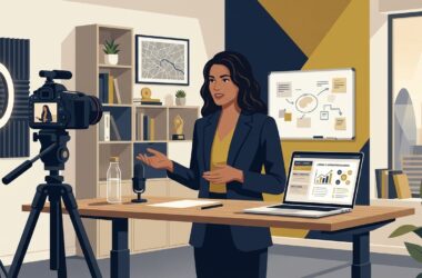Flat vector editorial illustration of a modern UK educator or entrepreneur creating an online course in an office studio