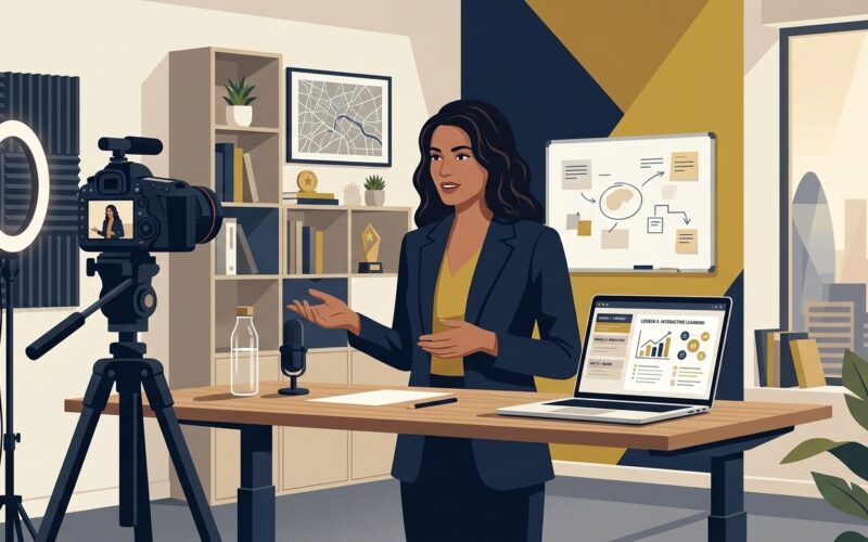 Flat vector editorial illustration of a modern UK educator or entrepreneur creating an online course in an office studio