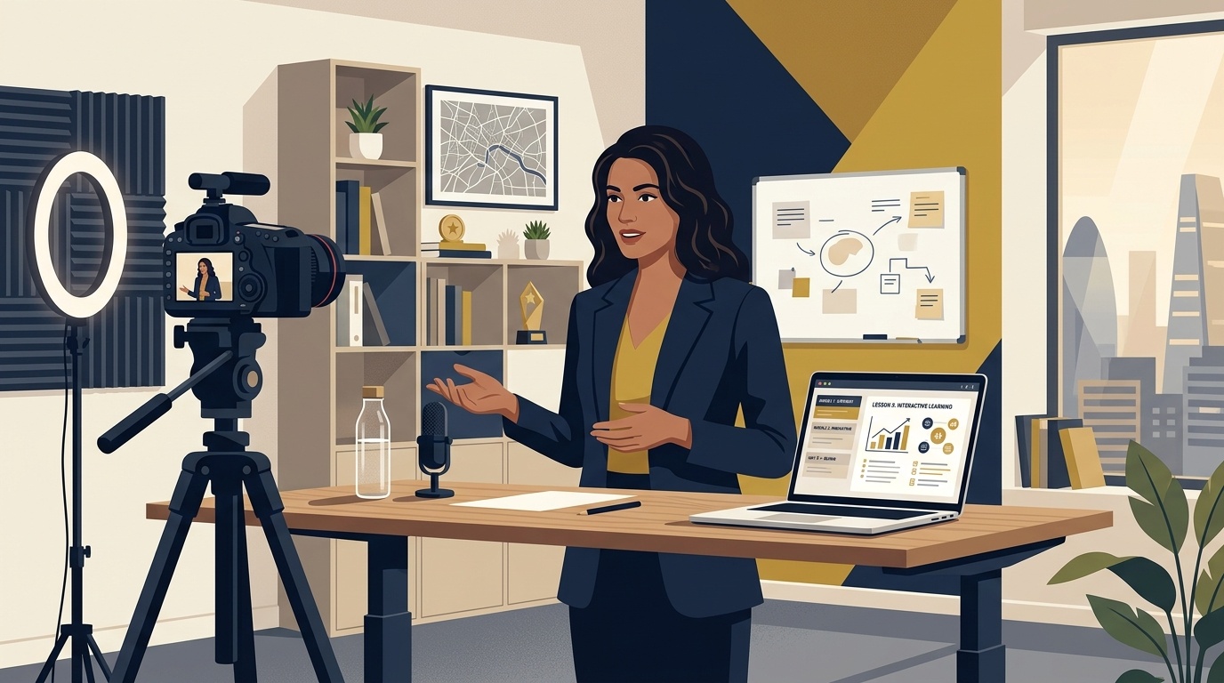 Flat vector editorial illustration of a modern UK educator or entrepreneur creating an online course in an office studio