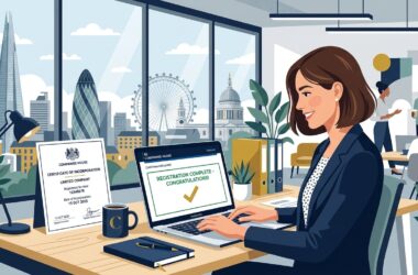 Flat vector editorial illustration of a UK entrepreneur completing Companies House business registration on a laptop