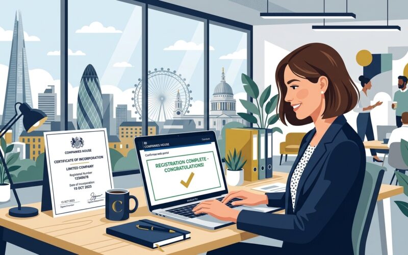 Flat vector editorial illustration of a UK entrepreneur completing Companies House business registration on a laptop