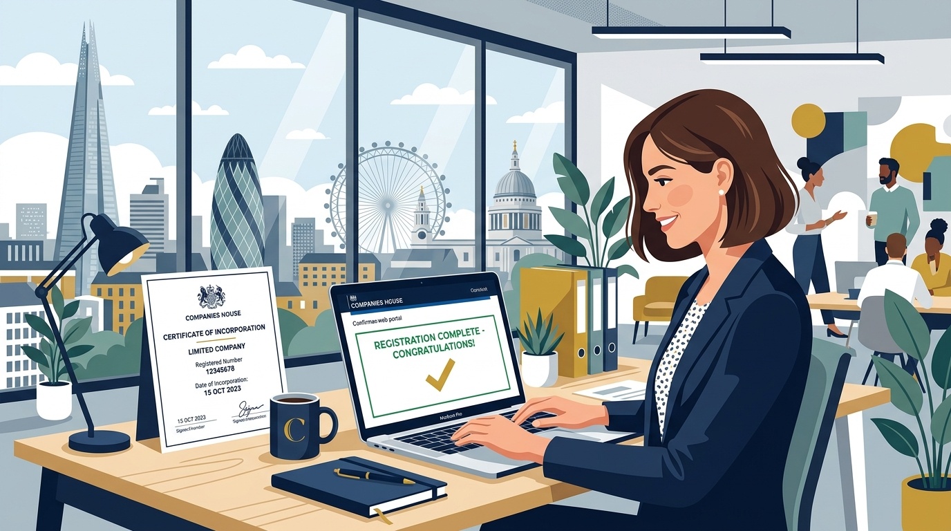 Flat vector editorial illustration of a UK entrepreneur completing Companies House business registration on a laptop