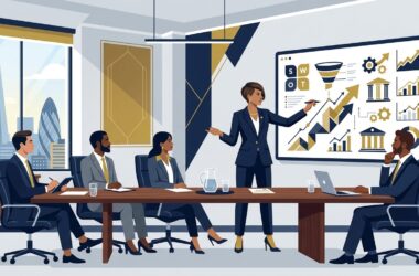 Flat vector editorial illustration of a management consultant presenting strategic frameworks to clients in an executive boardroom