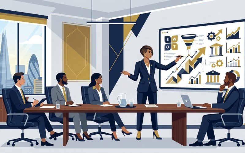 Flat vector editorial illustration of a management consultant presenting strategic frameworks to clients in an executive boardroom
