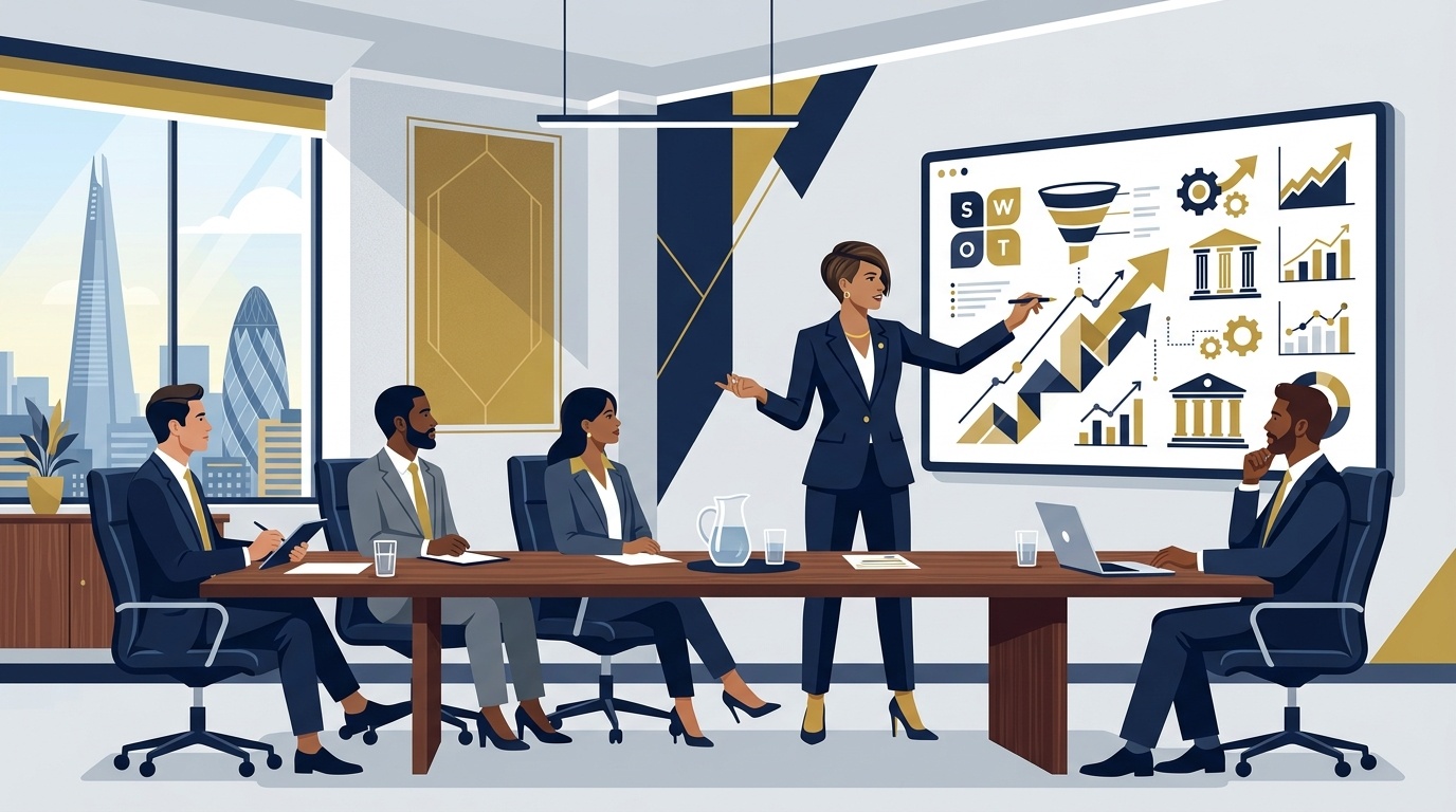 Flat vector editorial illustration of a management consultant presenting strategic frameworks to clients in an executive boardroom