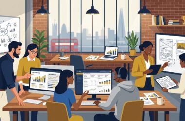 Flat vector editorial illustration of a digital marketing agency team managing SEO rankings and PPC campaigns