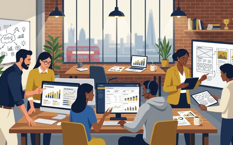Flat vector editorial illustration of a digital marketing agency team managing SEO rankings and PPC campaigns