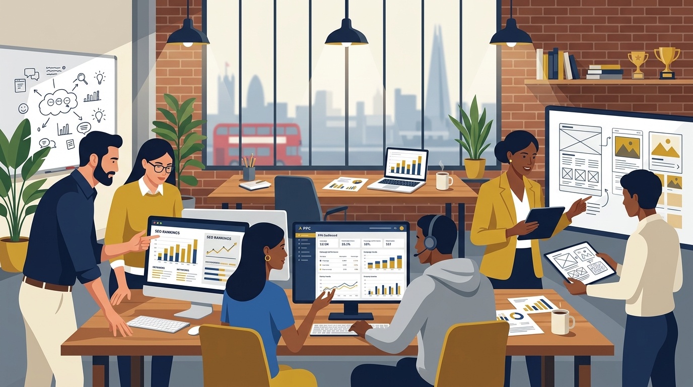 Flat vector editorial illustration of a digital marketing agency team managing SEO rankings and PPC campaigns