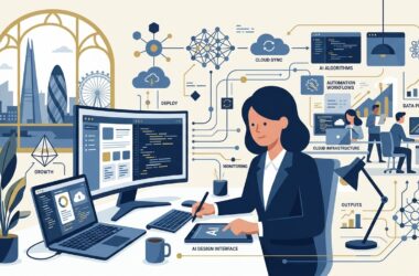 Flat vector editorial illustration of a tech founder designing an AI software startup and automation workflows