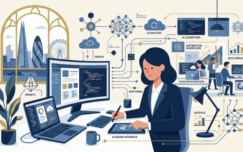 Flat vector editorial illustration of a tech founder designing an AI software startup and automation workflows
