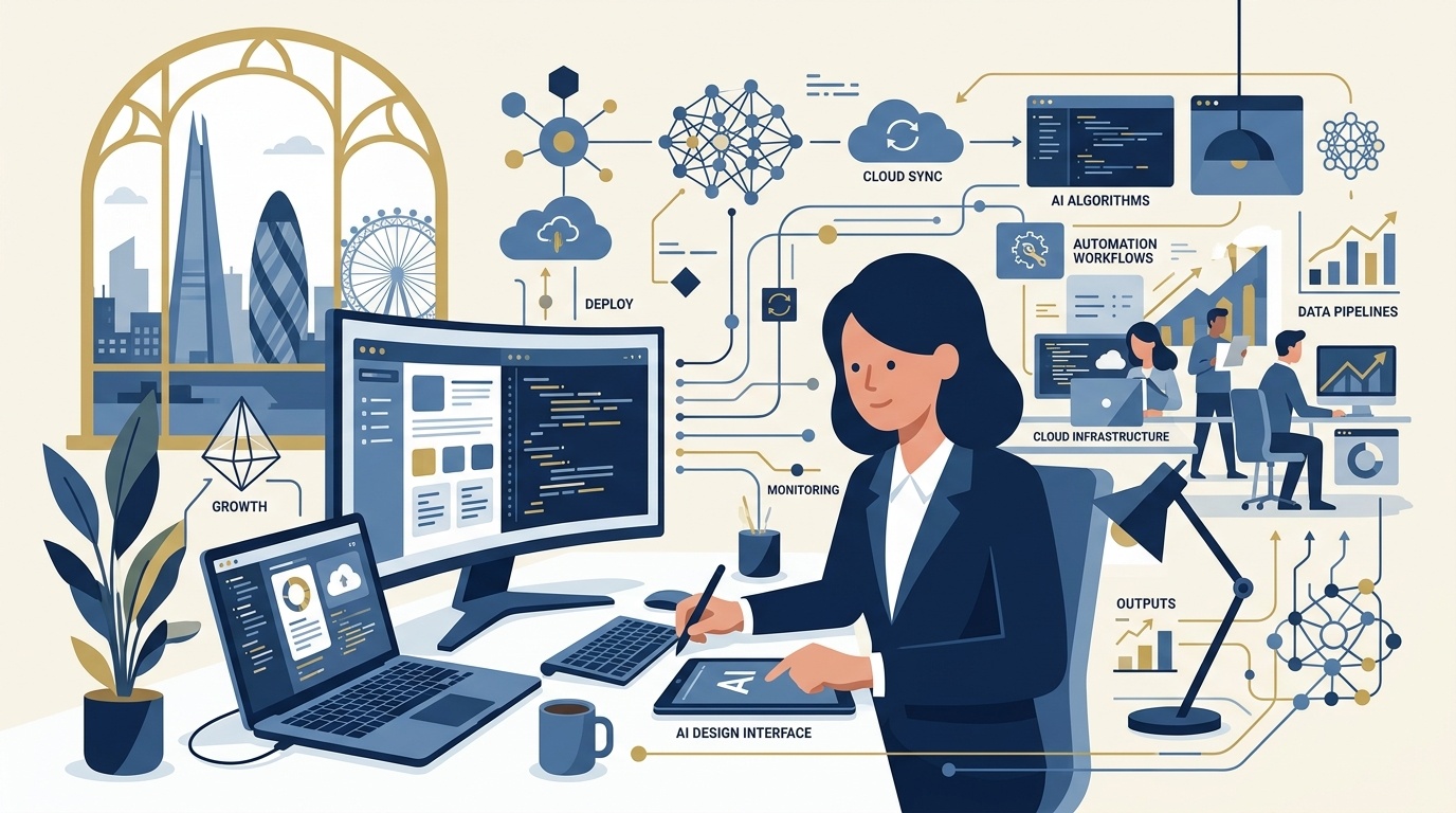 Flat vector editorial illustration of a tech founder designing an AI software startup and automation workflows