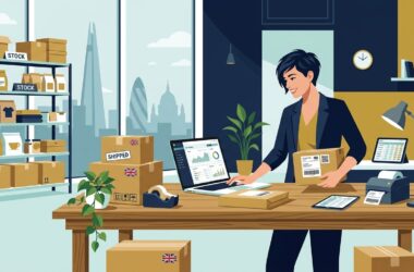 Flat vector editorial illustration of an e-commerce entrepreneur packing orders and tracking shipments with a laptop dashboard