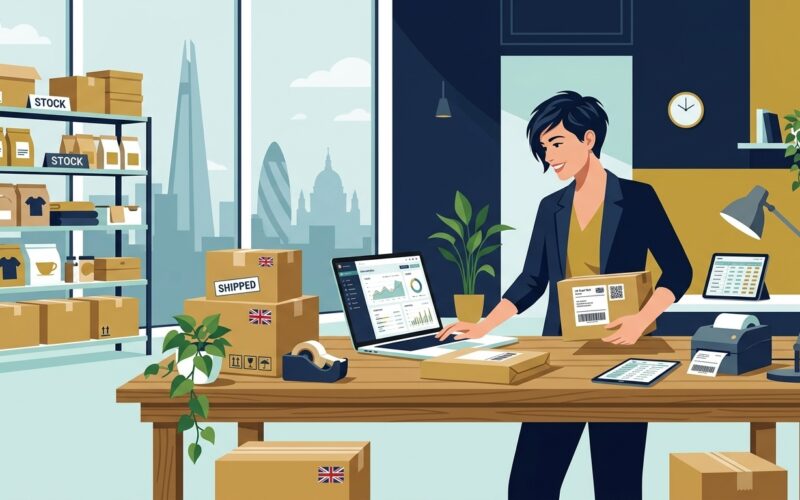 Flat vector editorial illustration of an e-commerce entrepreneur packing orders and tracking shipments with a laptop dashboard