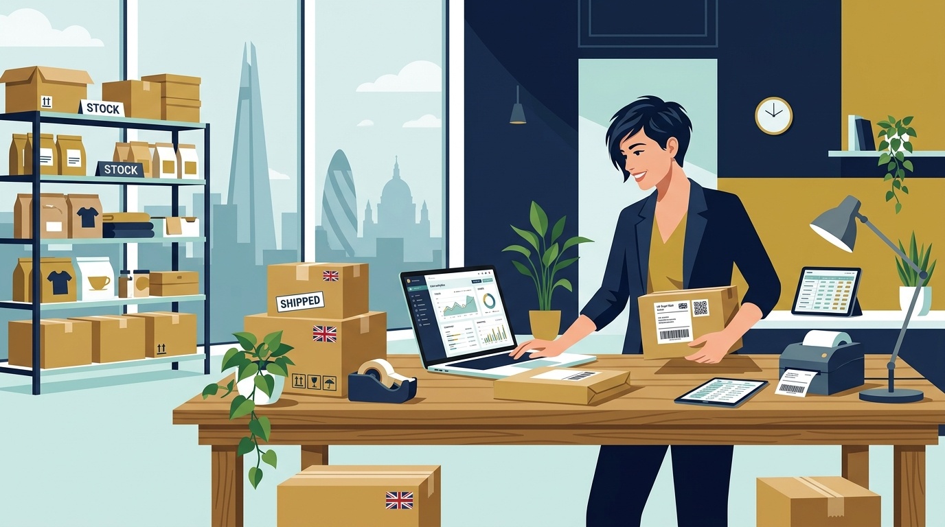 Flat vector editorial illustration of an e-commerce entrepreneur packing orders and tracking shipments with a laptop dashboard