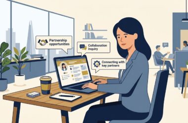 Flat vector editorial illustration of a business founder managing professional networking and B2B partnerships on LinkedIn
