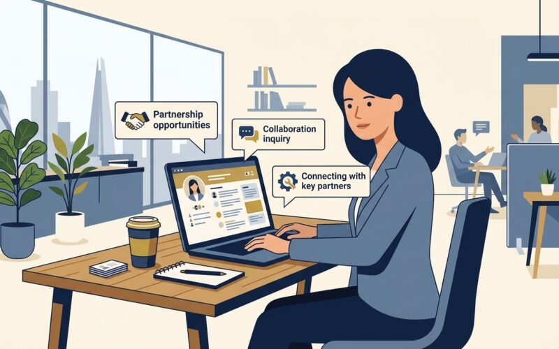 Flat vector editorial illustration of a business founder managing professional networking and B2B partnerships on LinkedIn